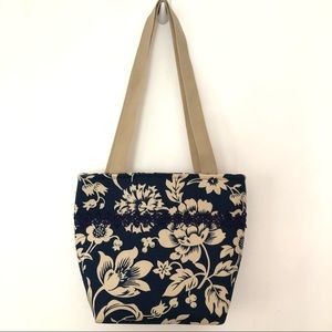 Navy Blue & Cream Floral Print Shoulder Bag Purse